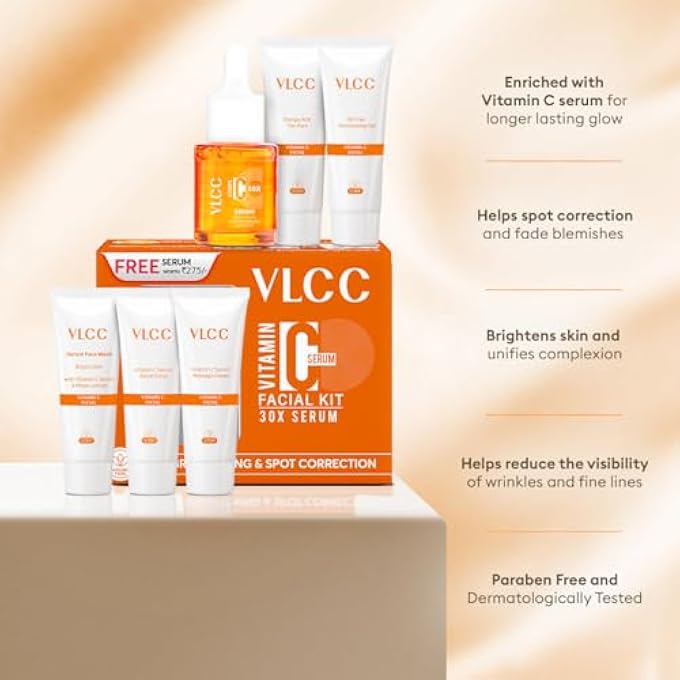 VLCC VITAMIN C SERUM FACIAL KIT - 135G | SKIN BRIGHTENING FACIAL KIT | SKIN BRIGHTENING FACIAL AT HOME | FADES SPOTS AND DULLNESS | VITAMIN C, HYALURONIC ACID & FERULIC ACID - Image 4